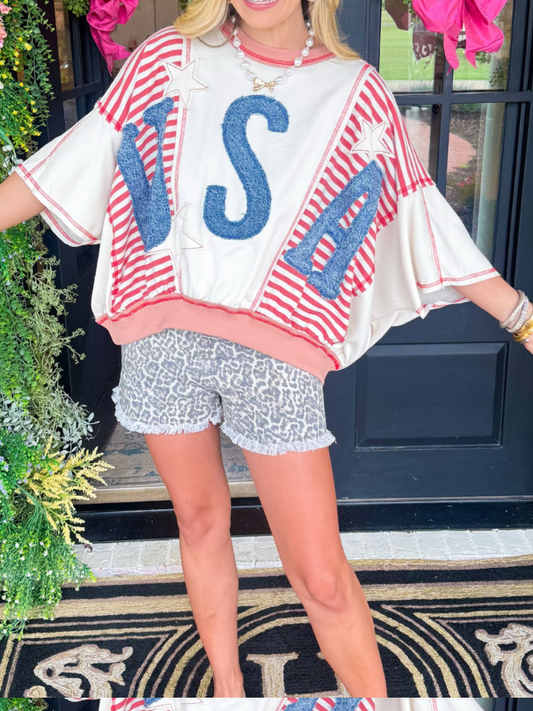 Oatmeal Red & Rose Washed Denim Patchwork Top