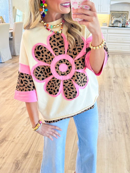 Ivory and Pink Leopard Flower Top