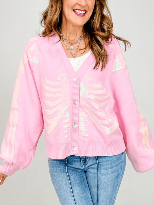 Light Pink Skull Button Cardigan