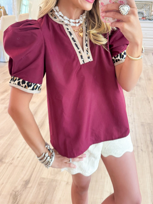 Leopard Contrast Puff Sleeve Top