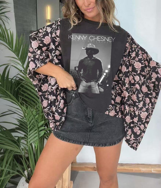 Kenny Chesney Printed mixed bat sleeve top
