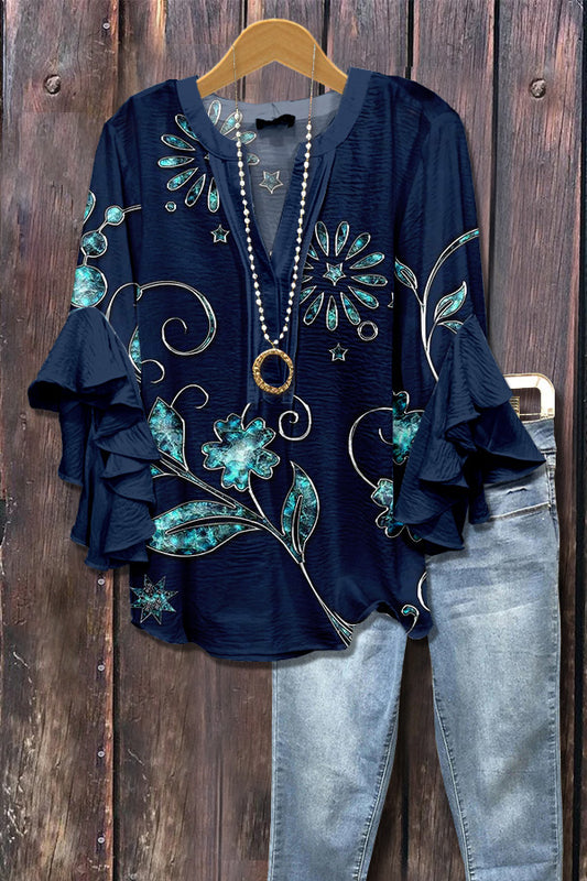 Chic Floral Print Ruffle Sleeve Top