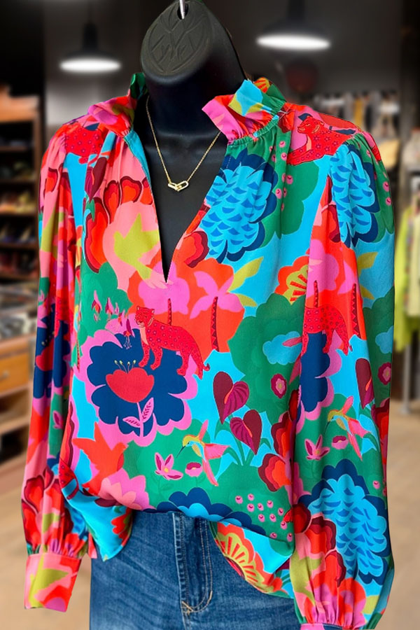Wild Animal Print Ruffle Collar Long Sleeve Top