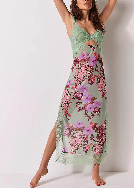 Green Lace Backless Slit Printed Long Dress