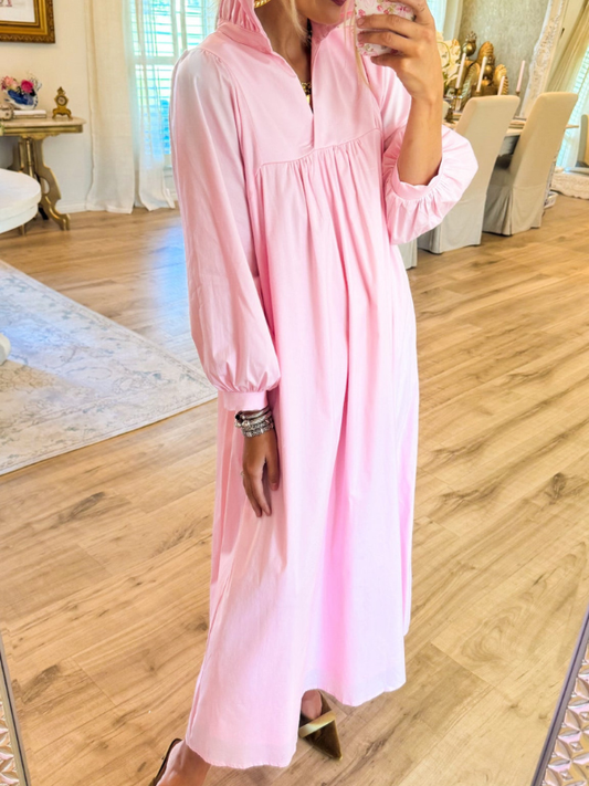 Pink High Ruffle Neck Midi Dress