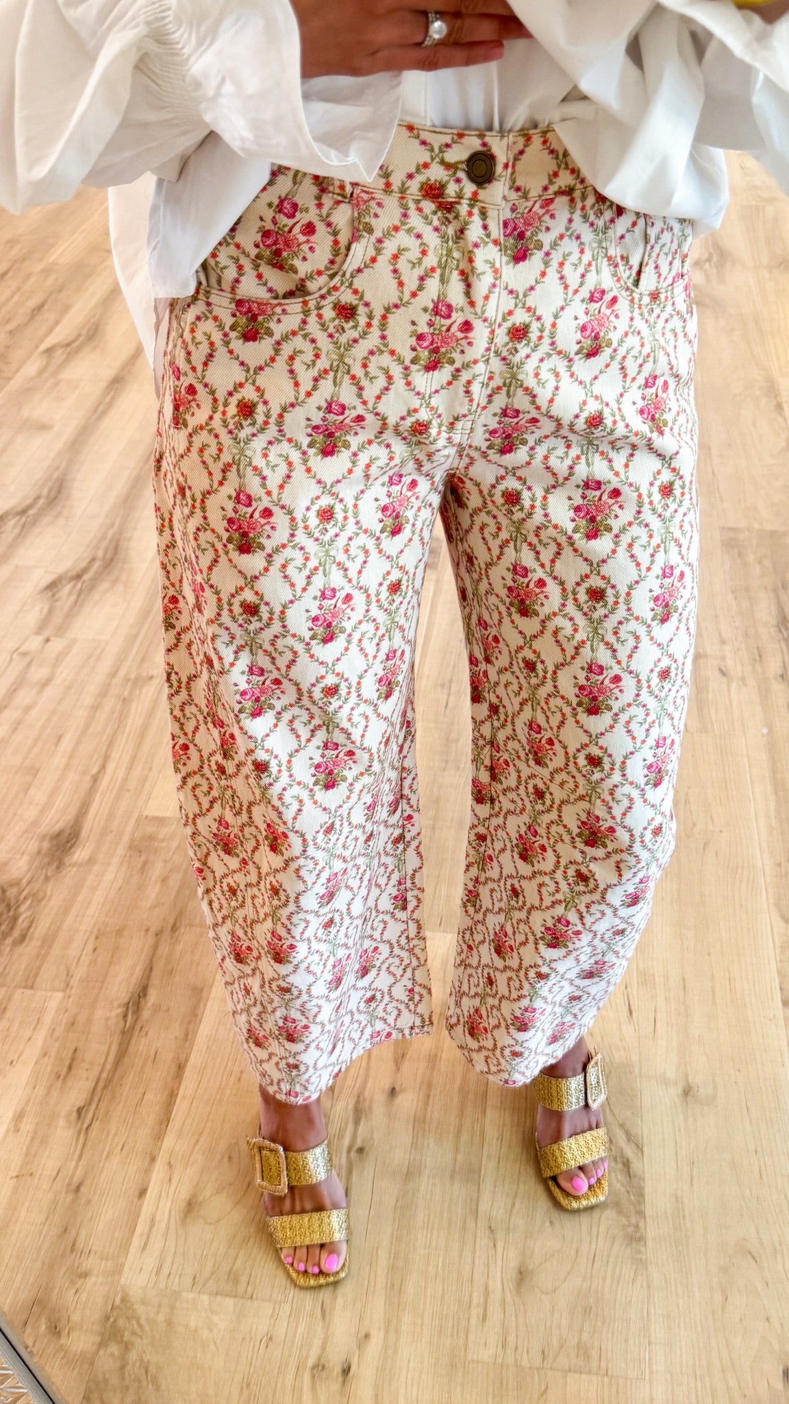 Pink and Orange Floral Printed Barrel Pants