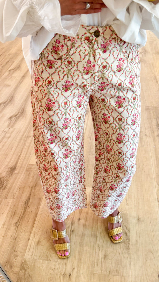 Pink and Orange Floral Printed Barrel Pants