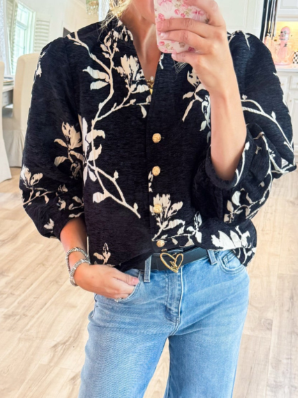 Black Button Down Floral Top