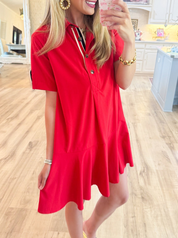 Red Navy Accented Tab Pullover Mini Dress
