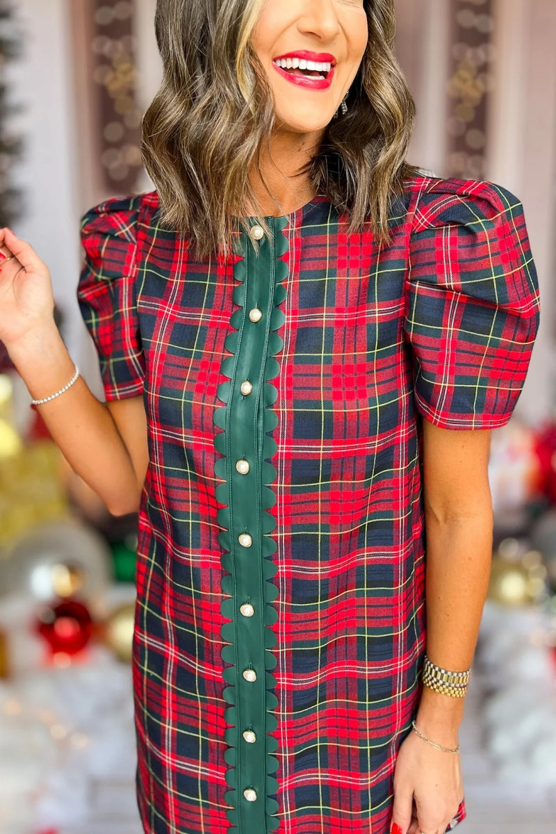 The Everly Scallop Trim Puff Sleeve Shift Dress In Red Plaid