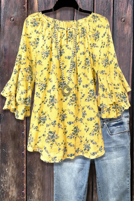 Sweet Floral Print Ruffle Sleeve Top