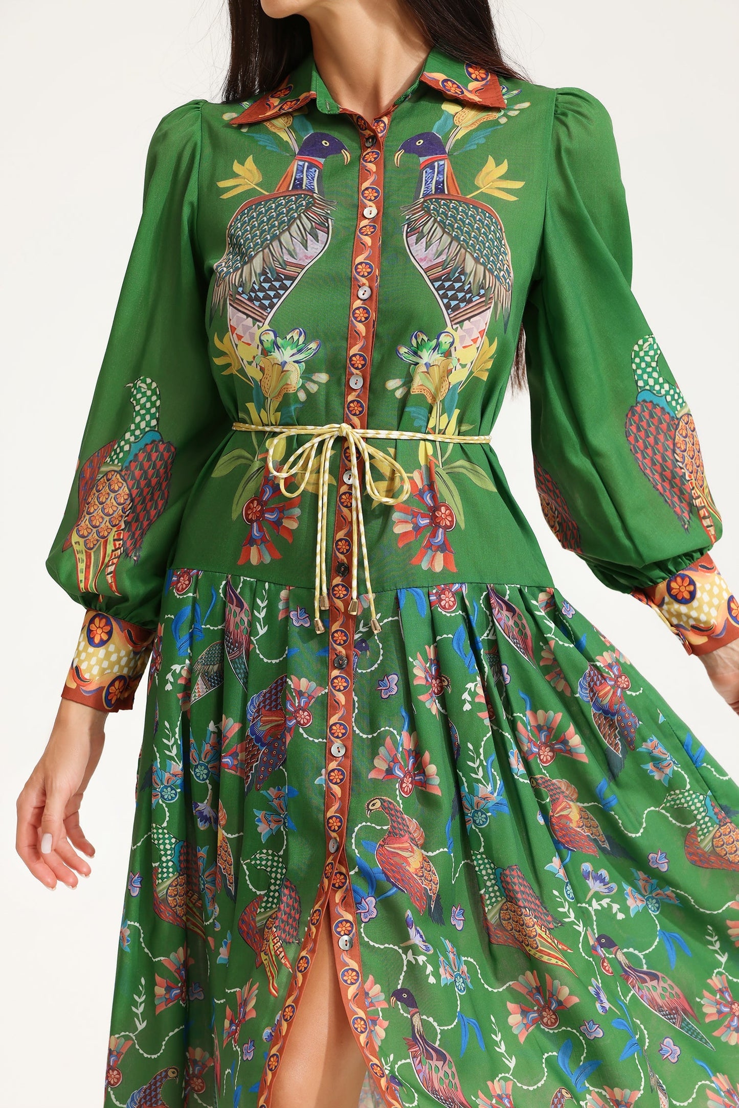 Lapel Lantern Sleeve Printed Large Hemline Long Dress