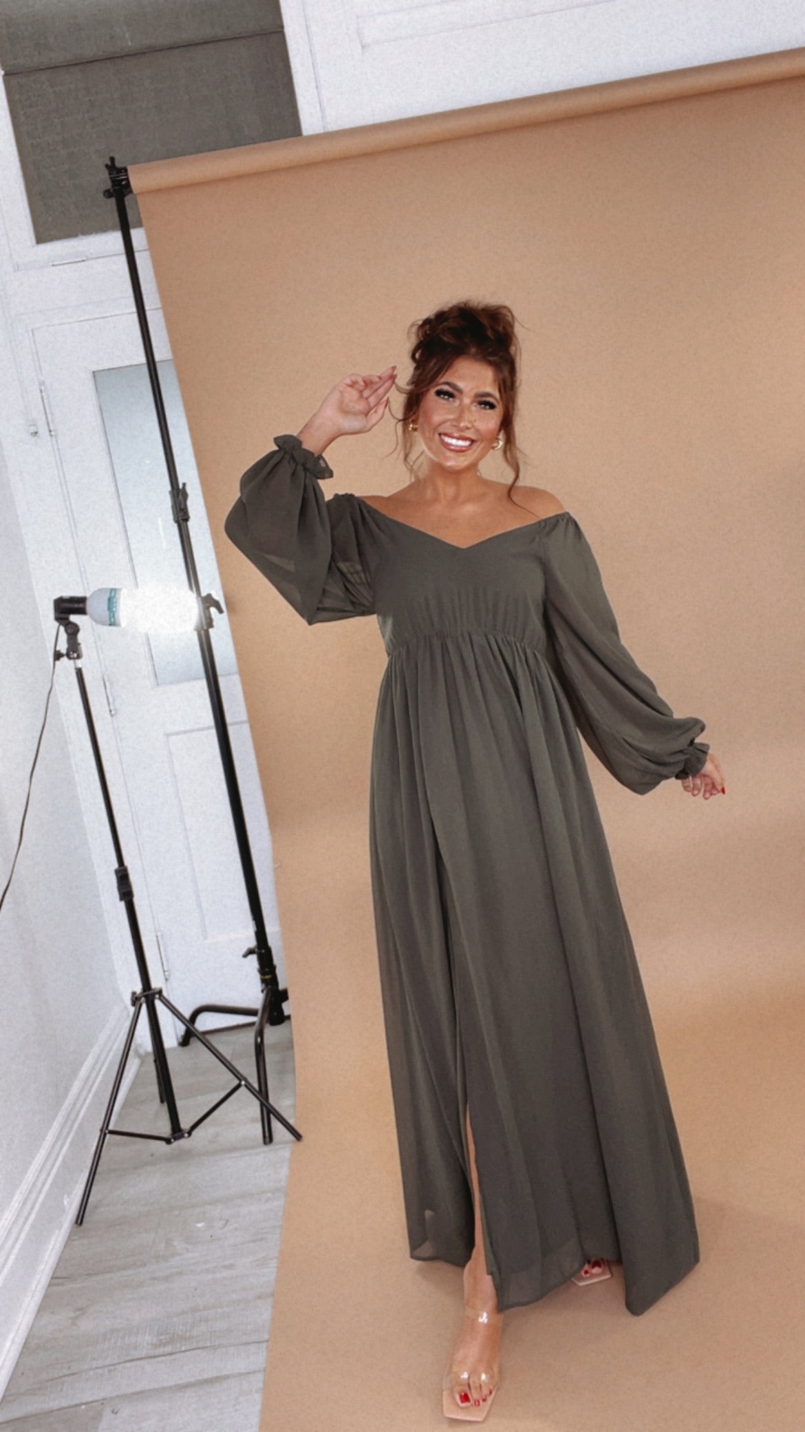 Timeless Romantic Chiffon Maxi Dress, Olive