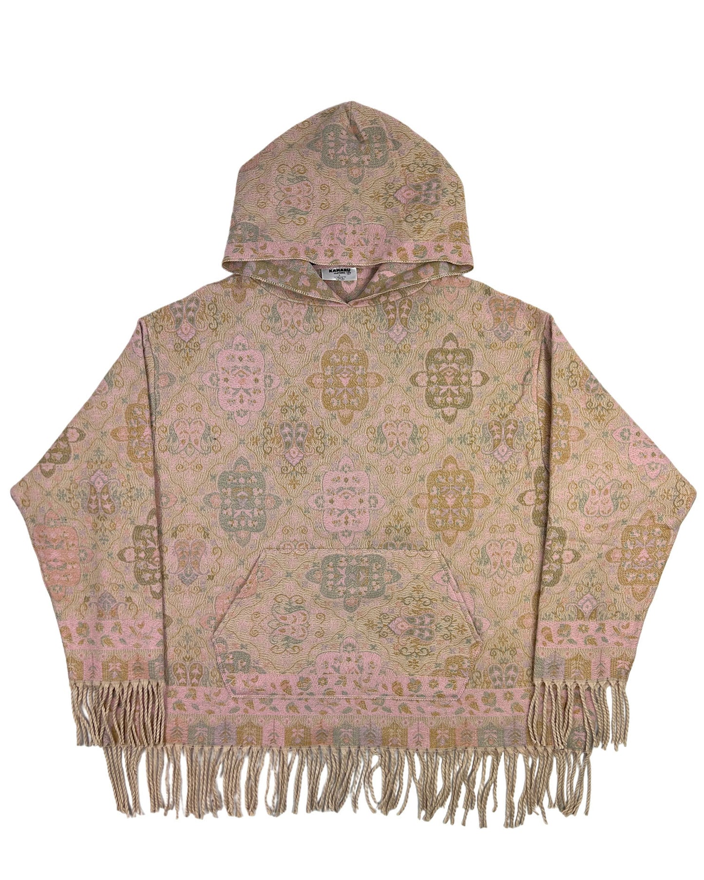 Oversized Patterned Hoodie with Fringe Trim