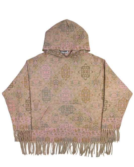 Oversized Patterned Hoodie with Fringe Trim