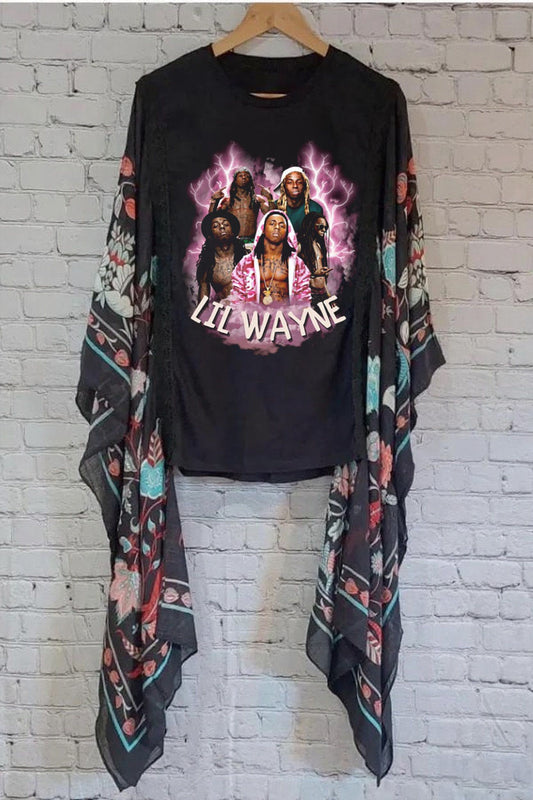 lil Wayne print bat sleeve top
