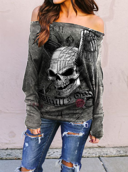 Punk skull print casual loose off-shoulder long-sleeved top