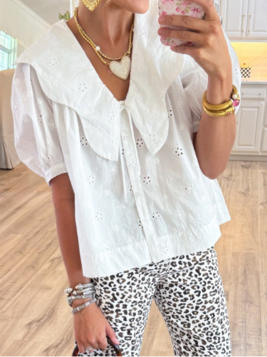 White Scallop Collar Eyelet Top