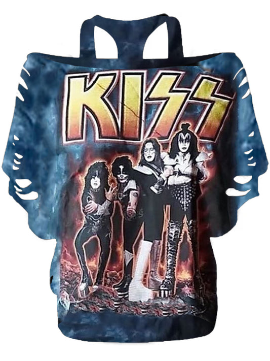 Ladies famous band print bat sleeve T-shirt
