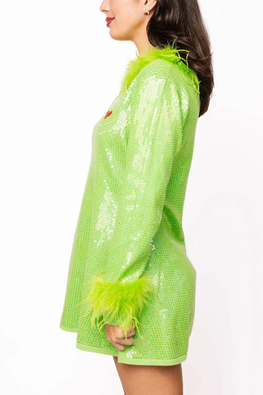 Green sequined feather trim Christmas heart-shaped dress