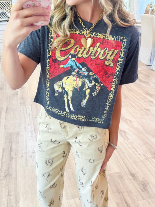 Cowboy Leopard Cropped Graphic Tee