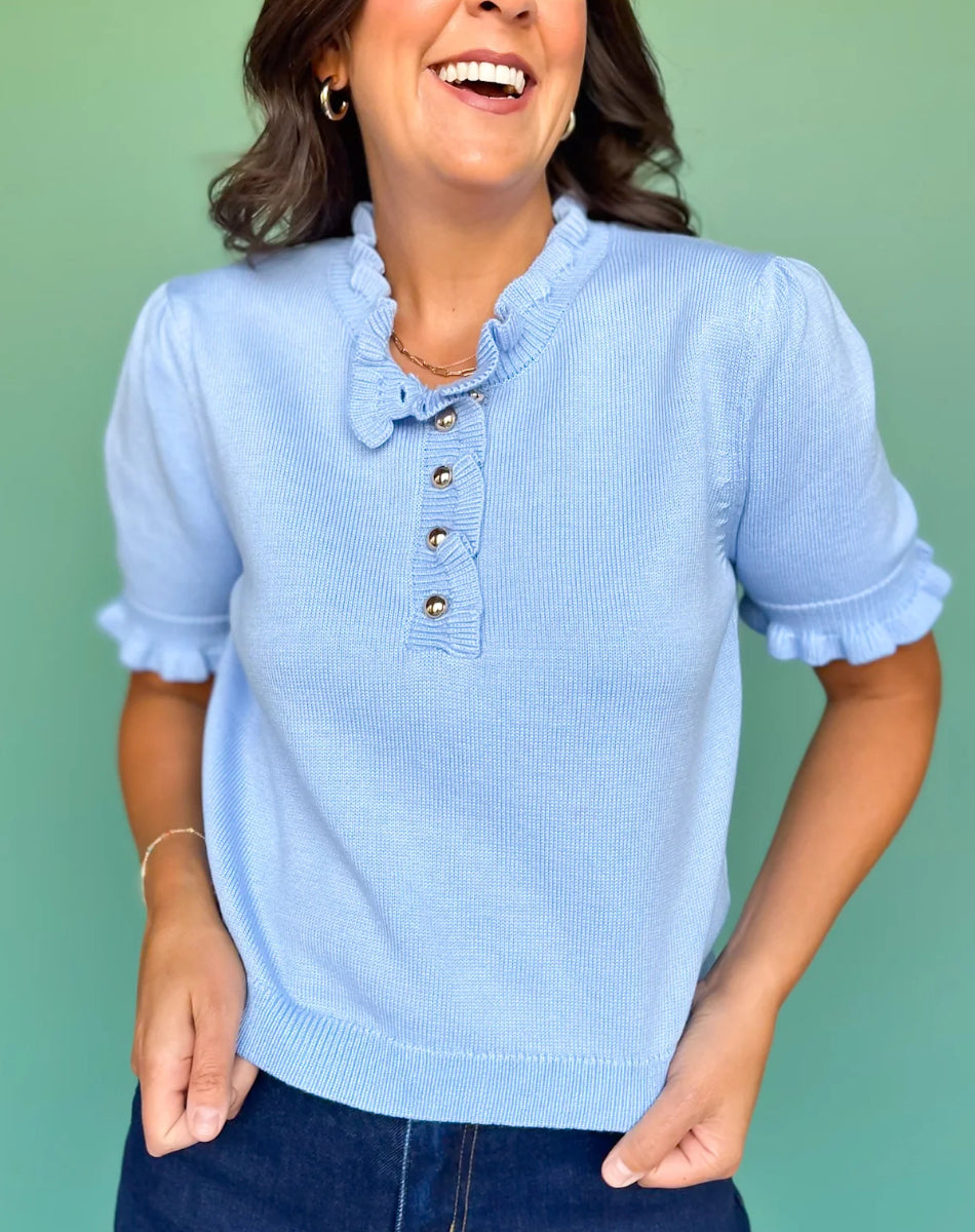 Ruffle-trimmed button-down short-sleeved sweater