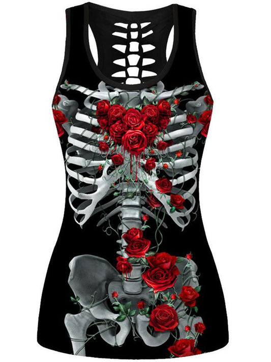 Skull Print Hollow Out Back Tank Top