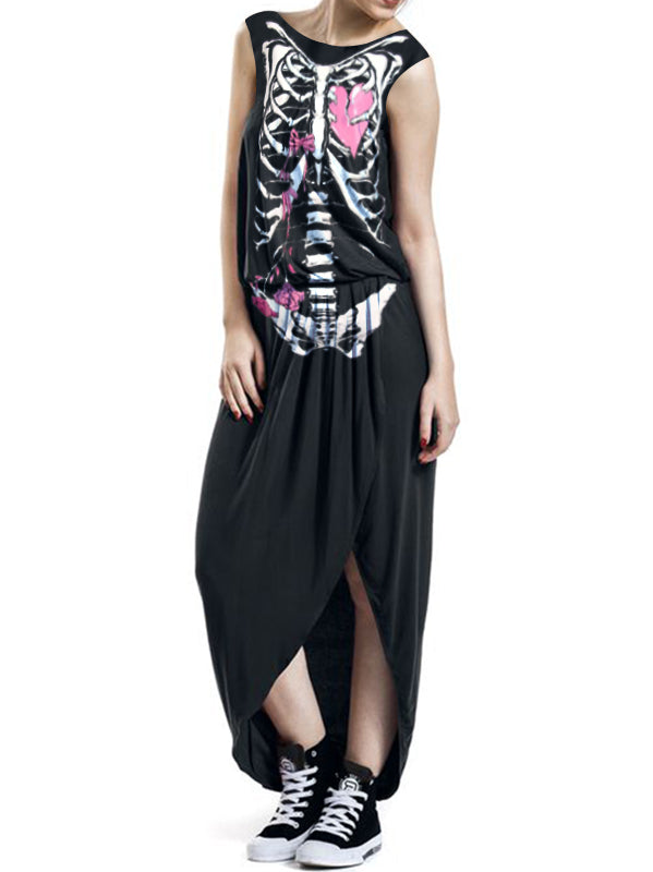 Punk Skeleton Print Sleeveless Iirregular Dress