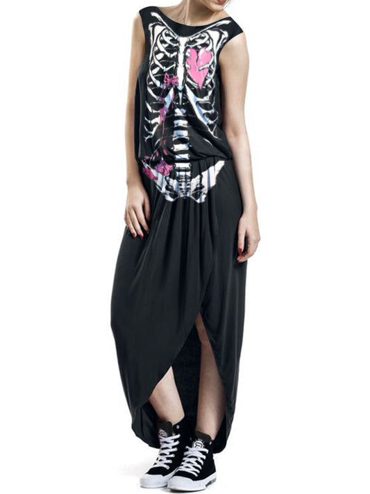 Punk Skeleton Print Sleeveless Iirregular Dress