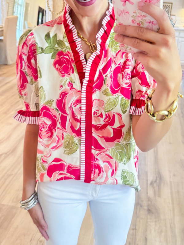 Coral Flower Print Contrast Trim Top