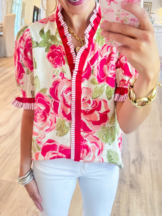 Coral Flower Print Contrast Trim Top