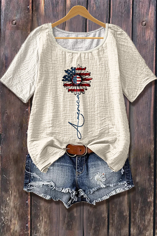 American Sunflower Print Patriotic Tee