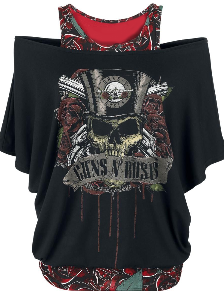 Ladies Skull Print Contrast Color Bat Sleeve T-Shirt