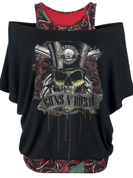 Ladies Skull Print Contrast Color Bat Sleeve T-Shirt