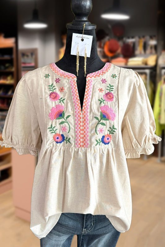 Floral Embroidered Cuff Short Sleeve Top