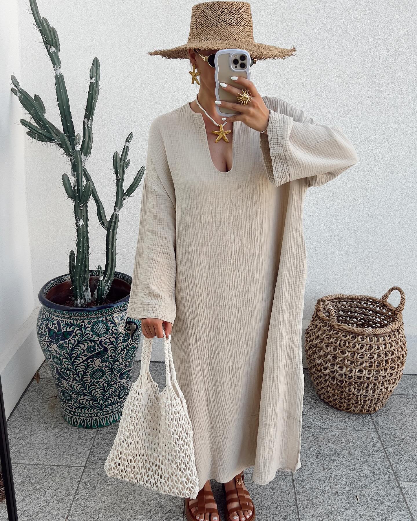 Solid Color Long Sleeve Cotton and Linen Dress