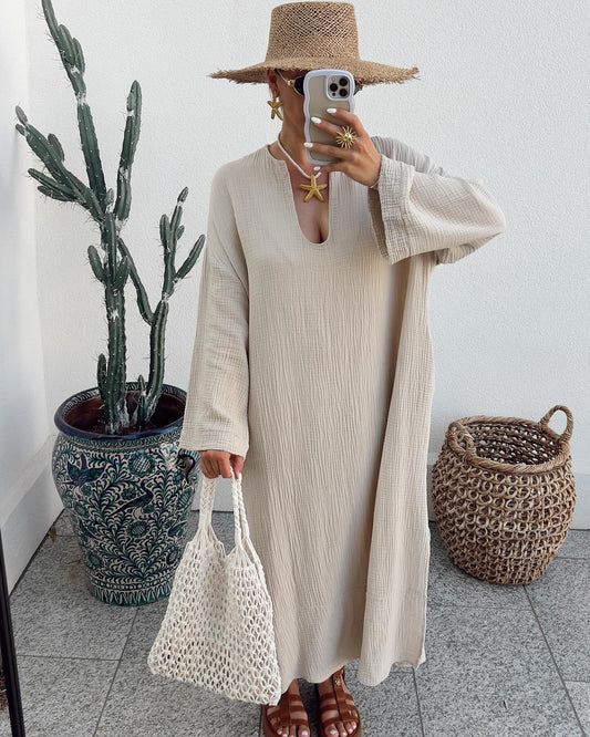 Solid Color Long Sleeve Cotton and Linen Dress