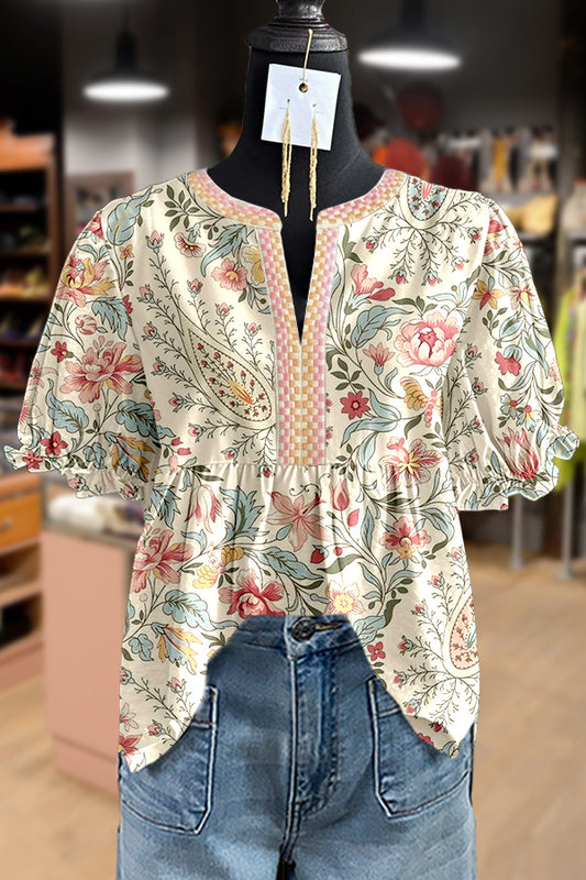 Vintgae Floral Print Puff Sleeve Top