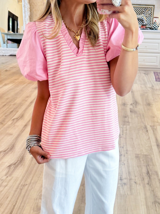 Pink Striped Solid Blouse