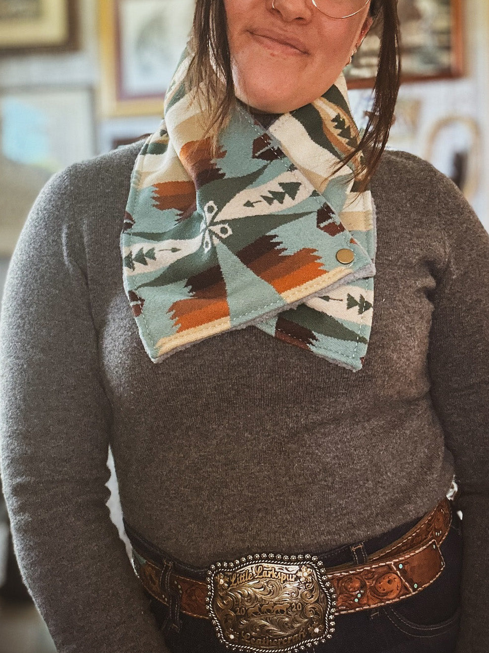 Western Green Aztec Warm Neck Hood