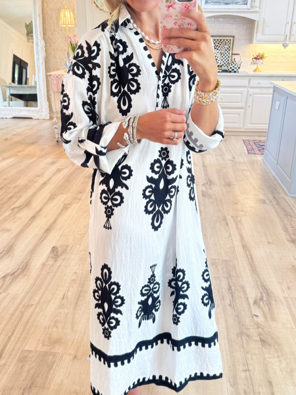 Black and Cream Abstract Print Midi Dress