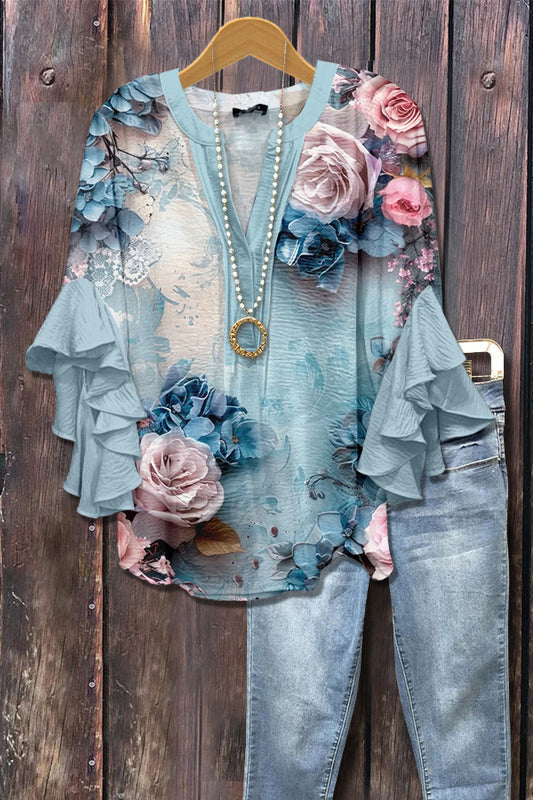 Chic Floral Print Ruffle Sleeve Top