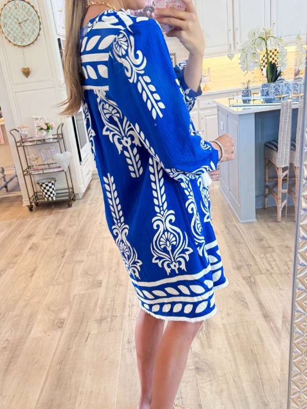 Blue Printed 3/4 Sleeve Dress
