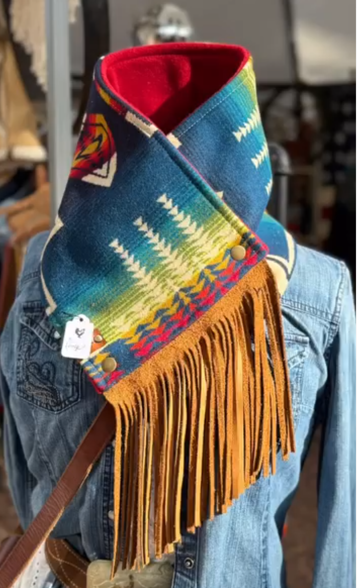 Women's Western Fringed Shawl - Blue/Gold Aztec