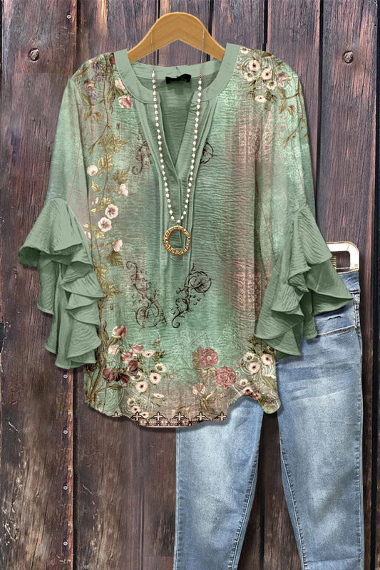 Retro Floral Print Ruffle Sleeve Top