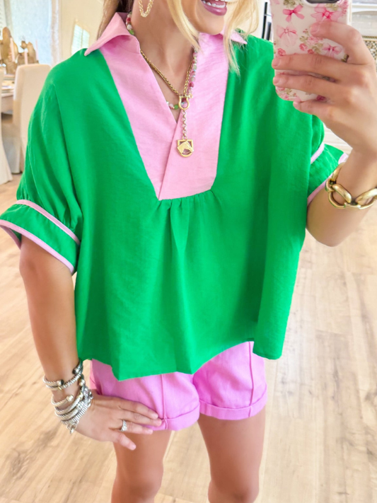 Green and Pink Contrast Short Sleeve Top