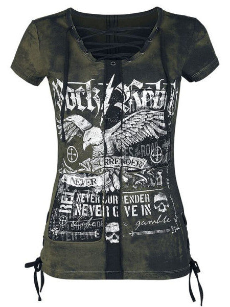 V-neck punk short-sleeved hem slit blouse T-shirt