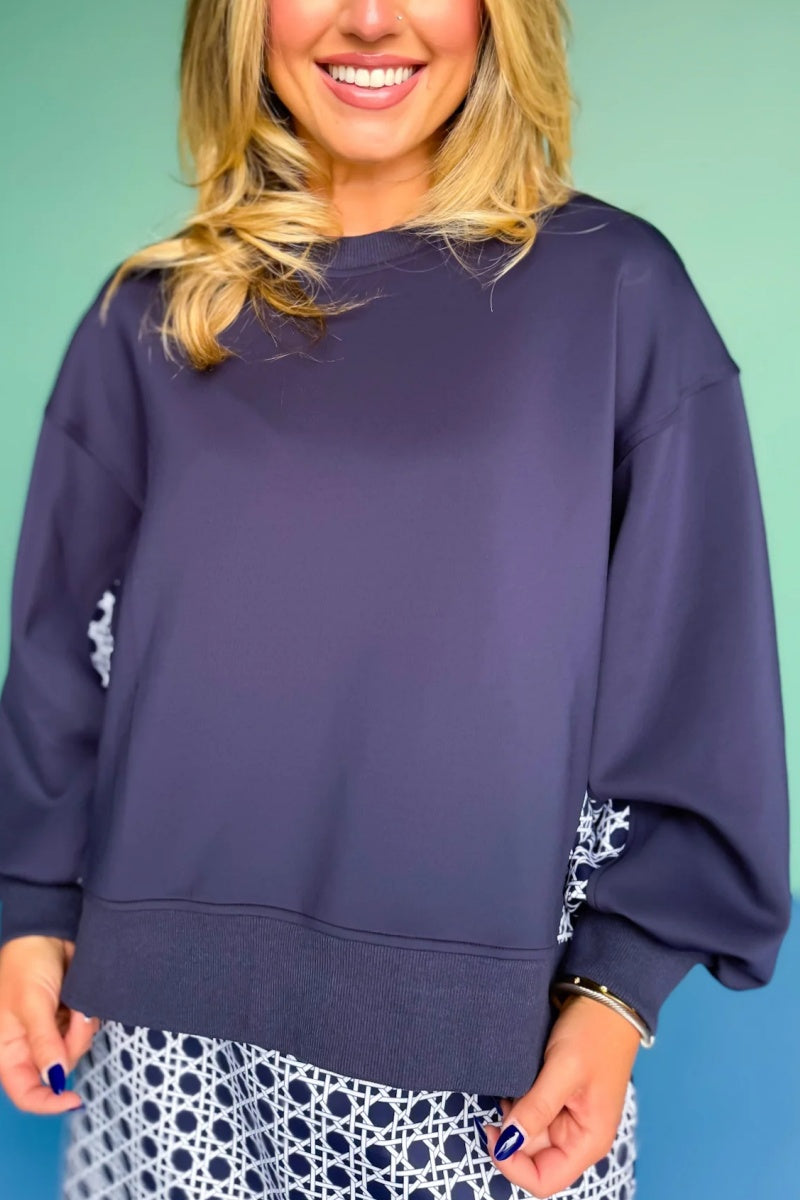 Crew Neck Printed Panel Scuba Set In Navy Cane