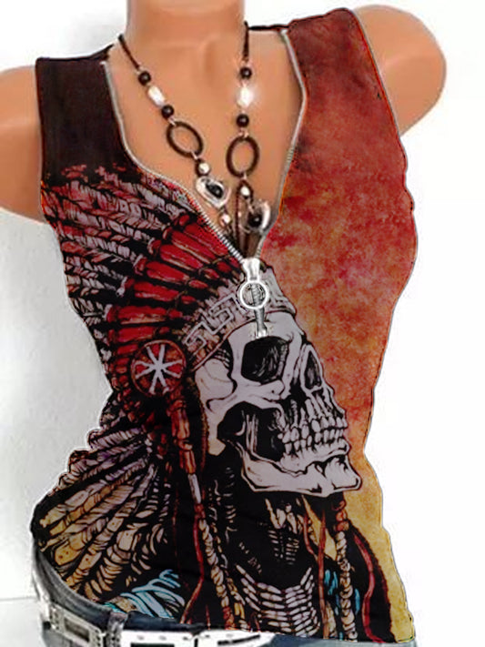 Skull V-neck Sleeveless T-shirt Vest Tops