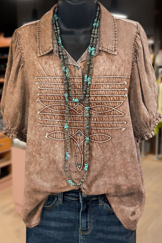 Western Boots Print Puff Sleeve Top